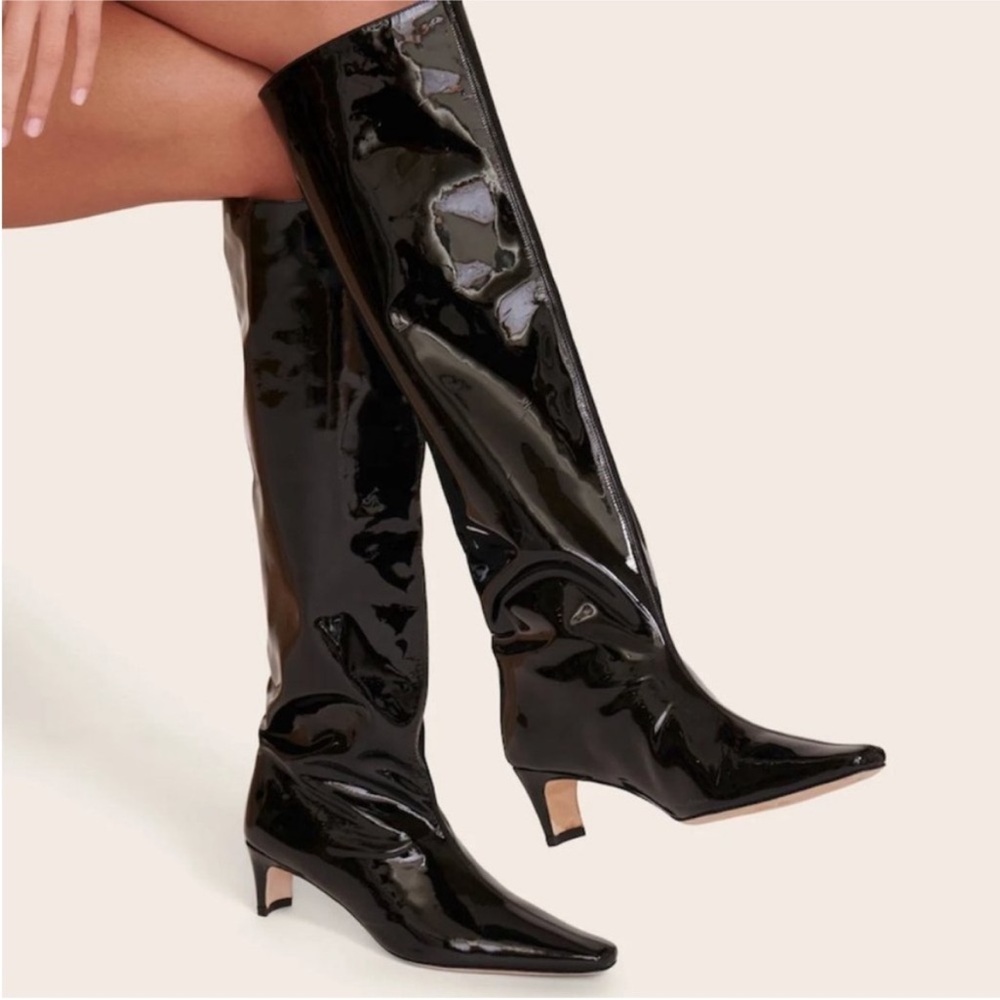 STAUD Black Heeled Boots with Glossy Patent Finish